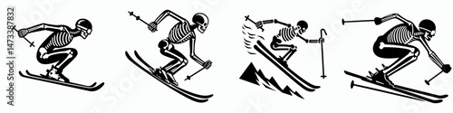 Skeleton as Skiing Jumping. Skeletal sport clipart silhouette vector illustration. Downhill bone race icy plunge sport daring gravity activity over terrain.