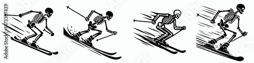 Skeleton as Skiing Downhill. Skeletal sport clipart silhouette vector illustration. Tobogganing like bony frame winter sliding adventure on frozen slope for speed.