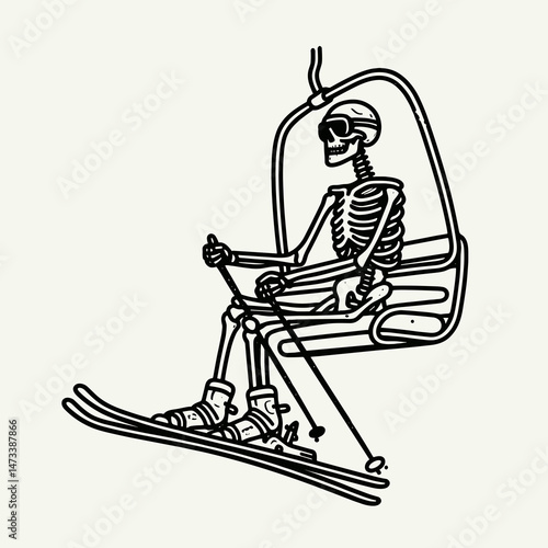 Skeleton as Skier on Ski Lift. Skeletal sport clipart silhouette vector illustration. Bony figure enjoying winter recreation at high altitude chair conveyance.