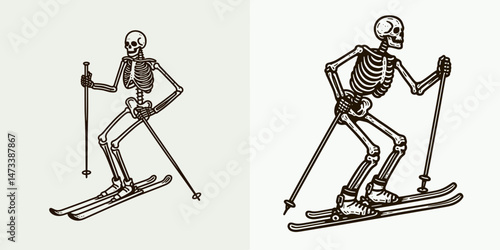 Skeleton as Skier Holding Poles. Skeletal sport clipart silhouette vector illustration. Bony figure glides downward rigid anatomy grasping ski sticks winter.
