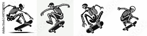 Skeleton as Skateboarder Jumping. Skeletal sport clipart silhouette vector illustration. Bony form trick riding airborne trickster utilizing board for recreation.