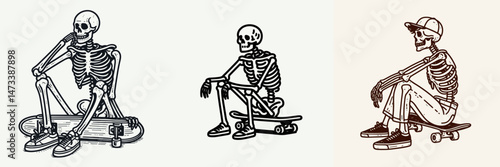 Skeleton as Skateboarder Sitting with Board. Skeletal sport clipart silhouette vector illustration. Bony character deck resting recreational activity concept.