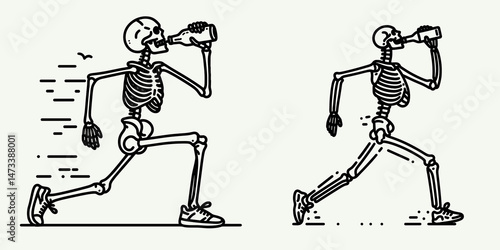 Skeleton as Runner Drinking from Bottle. Skeletal sport clipart silhouette vector illustration. Bony athlete hydration sprint beverage consumption jogger slurping.