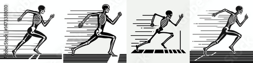 Skeleton as Runner Crossing Finish Line. Skeletal sport clipart silhouette vector illustration. Bony athlete triumphing darting toward ribbon reaching victory figure.