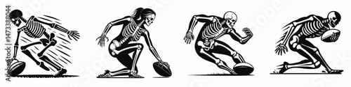 Skeleton as Rugby Player Tackling. Skeletal sport clipart silhouette vector illustration. Bony figure in union act a challenge attempt mortal combat design.