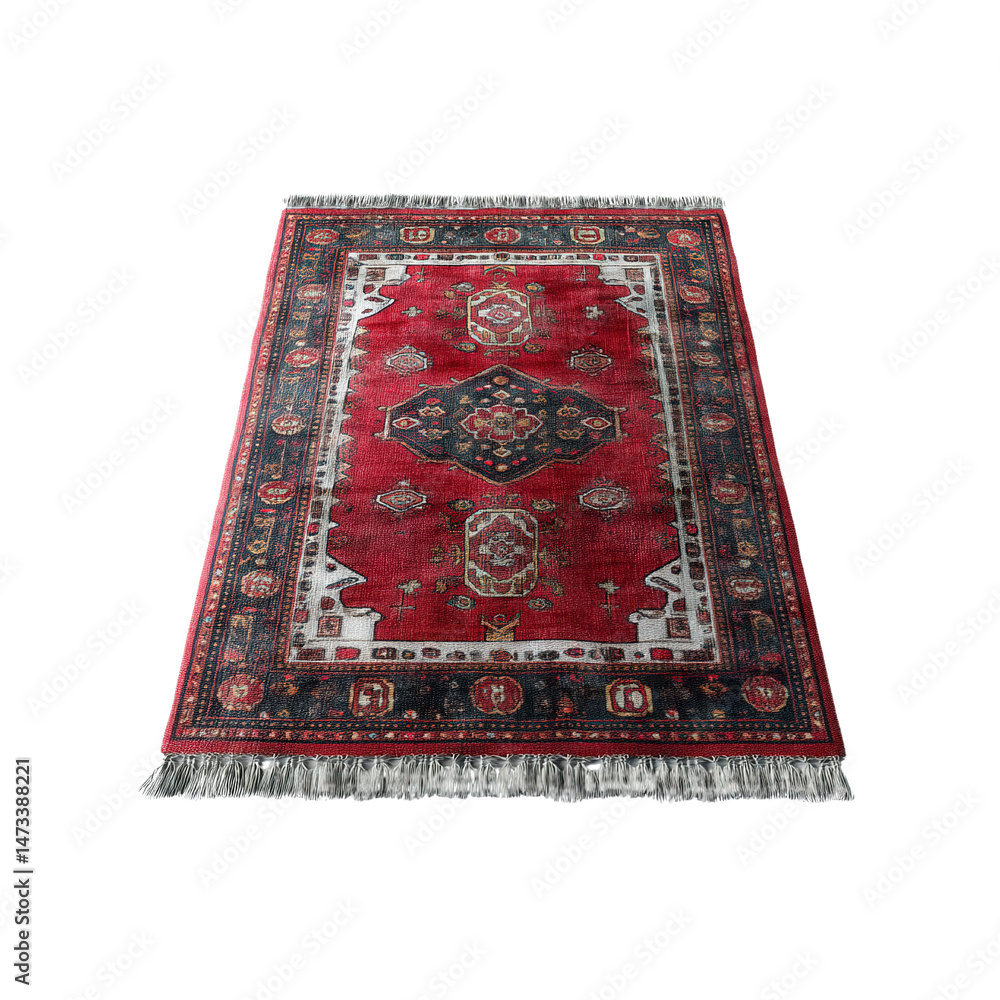 Red and Black Oriental Rug with Intricate Pattern and Fringed Edges