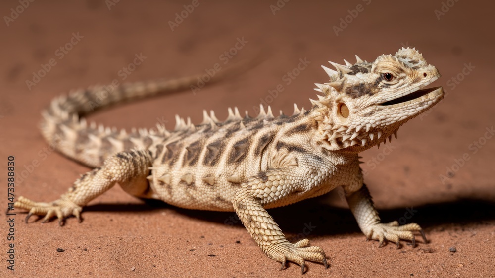 Fototapeta premium Detailed studio shot captures a spiny lizard on a textured surface, exhibiting unique skin patterns.