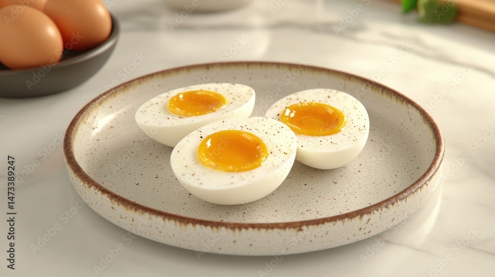 Soft-boiled eggs on plate, kitchen setting Soft-boiled eggs on plate, kitchen setting