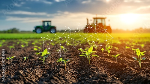 Modern agriculture innovation smart farming techniques in fields digital farming rural landscape sunset view
