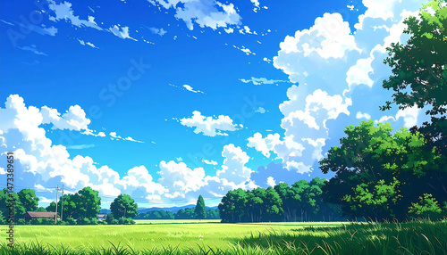 青空と雲と森の田舎の景色。アニメーション風のイラスト。Rural landscape with blue sky, clouds and forest. Animation style illustration.