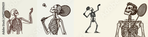 Skeleton as Badminton Player Looking Up. Skeletal sport clipart silhouette vector illustration. Bony athlete with racket gazing skyward playful recreation anatomical art.