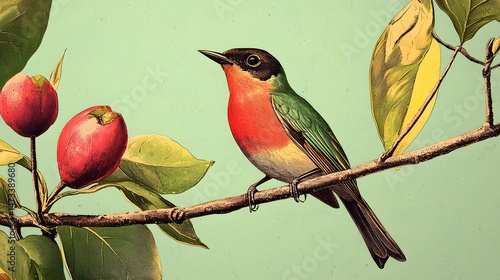 A vibrant bird perched gracefully on a branch adorned with ripe red fruit and lush green leaves, captured in a vintage style ornithological illustration.
