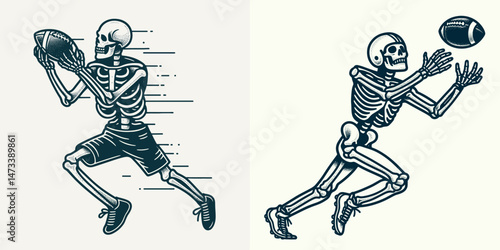 Skeleton as American Football Player Catching Ball. Skeletal sport clipart silhouette vector illustration. Boney athlete snagging pigskin a gridiron spectral figure in action.