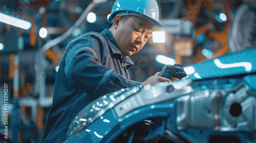 Wallpaper Mural A factory worker meticulously inspects a car body during the manufacturing process Torontodigital.ca