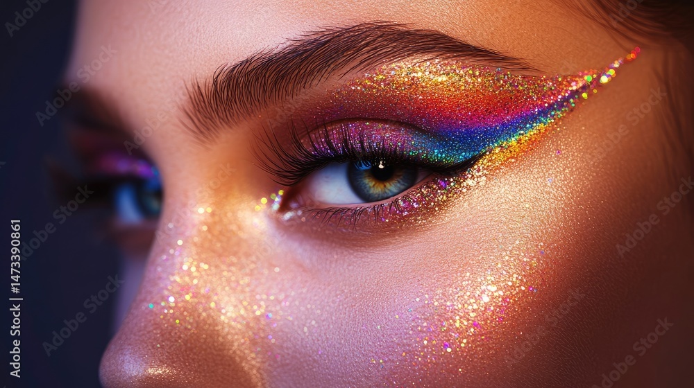 Fototapeta premium Close-up portrait of a woman with vibrant, sparkling eye makeup.