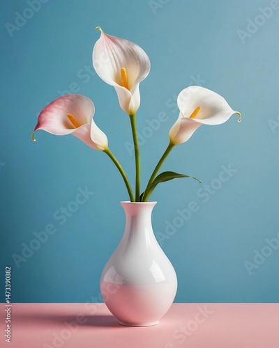 Serene Still Life of Calla Lilies with a Simple Blue and Pink Setting