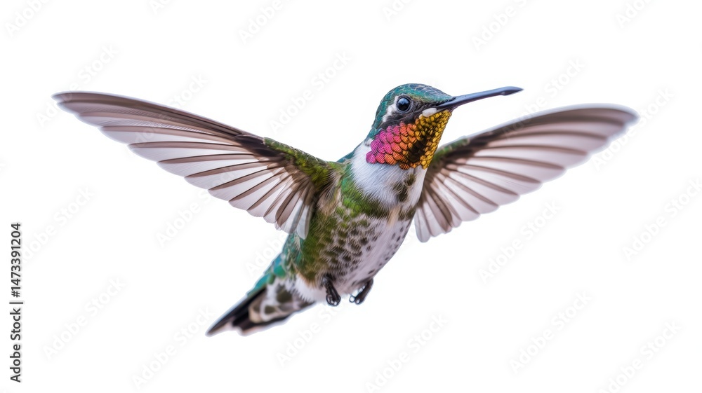 Obraz premium Hummingbird gracefully mid-flight, wings spread revealing intricate detail of iridescent feathering.