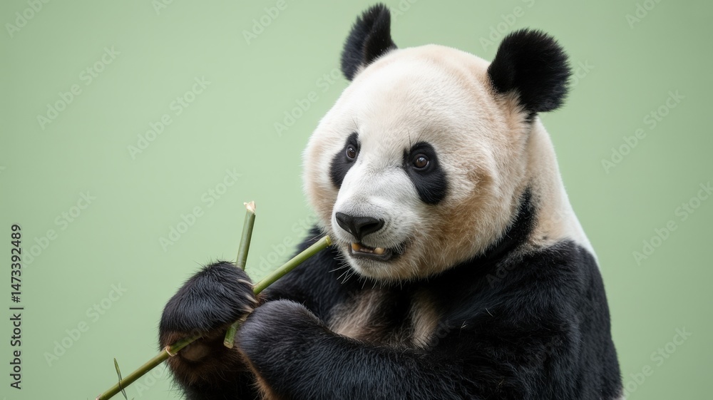 Fototapeta premium Gentle giant panda munching on bamboo against a soft green background in a focused close-up shot.