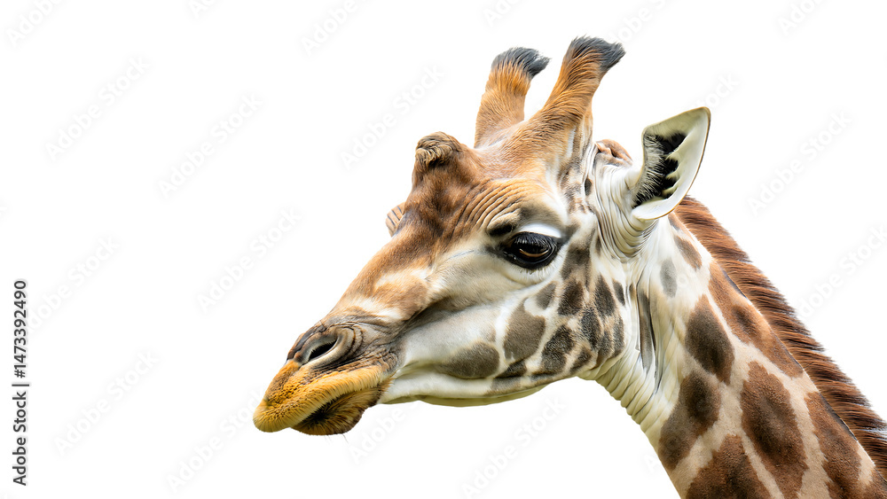 Obraz premium Majestic Giraffe Portrait against White Background Wildlife Photography African Animal Nature Close Up
