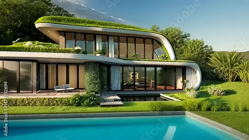 Wallpaper Mural Modern eco house design with green roof and swimming pool on lawn landscape Torontodigital.ca
