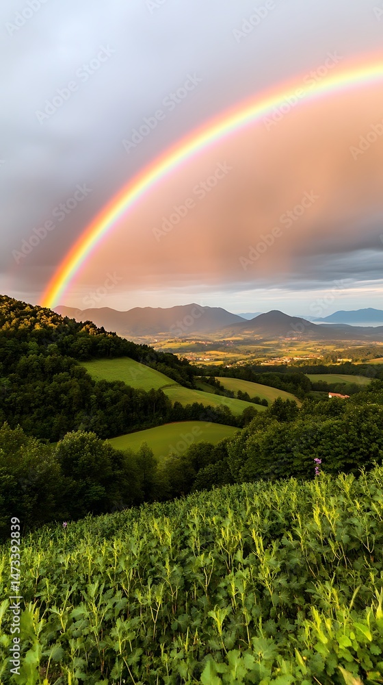 Naklejka premium Majestic Rainbow Arcing Over Rolling Green Hills and Lush Fields at Sunset