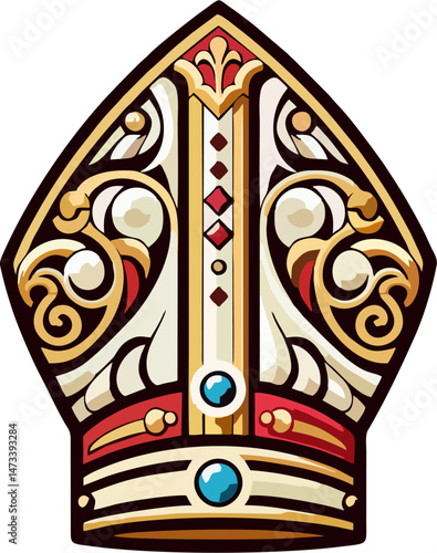 Ornate Bishop Mitre with Baroque Gold Filigree and Gemstones – Fantasy Clergy Crown Illustration for Games and Icons