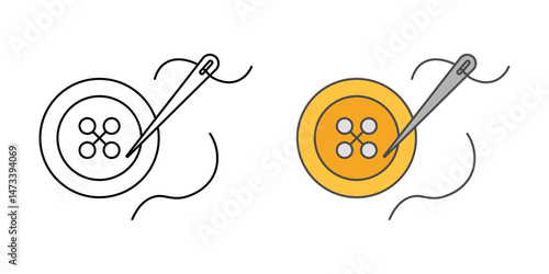 Sewing a button icon – needle and thread attaching a button to fabric, symbolizing basic tailoring, garment repair, and clothing maintenance.