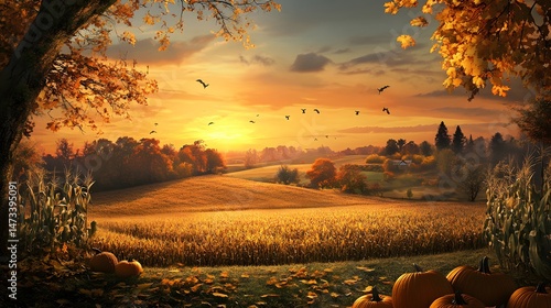 A tranquil Thanksgiving landscape with golden wheat fields and rustic farmhouse under warm sunset glow. Harvest celebration concept