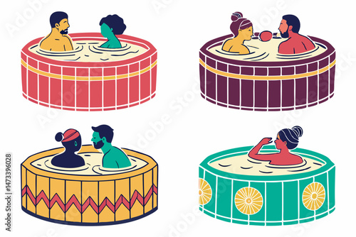 set of Couple in Hot tub silhouette vector illustration