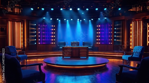 Talk show set design stage background tv studio interior with blue lights and modern furniture