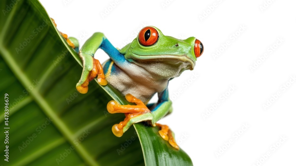 Obraz premium A vibrant, poised red-eyed tree frog rests delicately on a lush green leaf against a white backdrop.