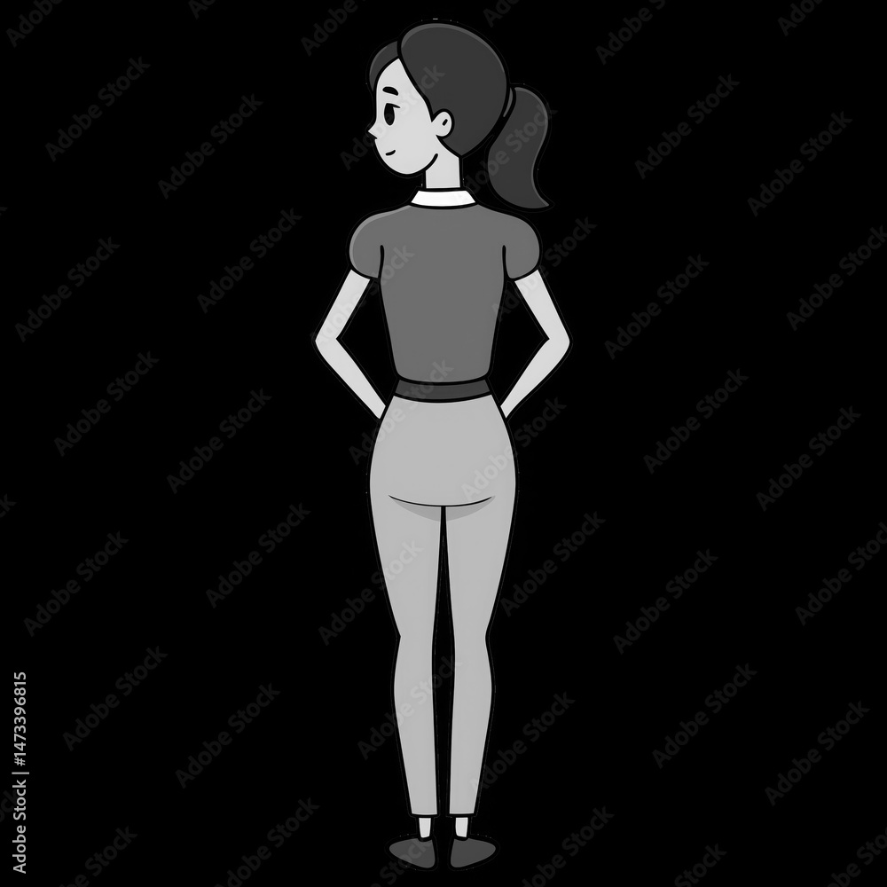 Young woman standing back view on white background