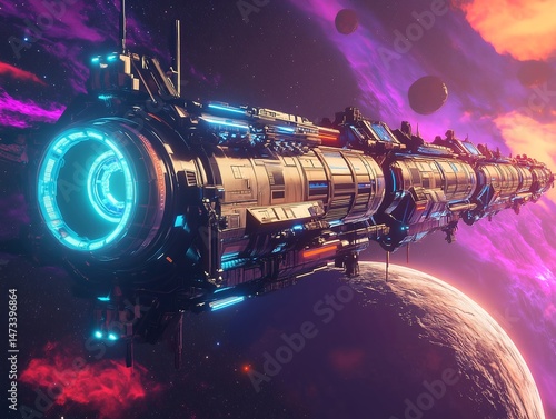 Spaceship Exploring Galaxy: Futuristic Sci-Fi Spacecraft with Vibrant Cosmic Colors and Glowing Nebula in Interstellar Space