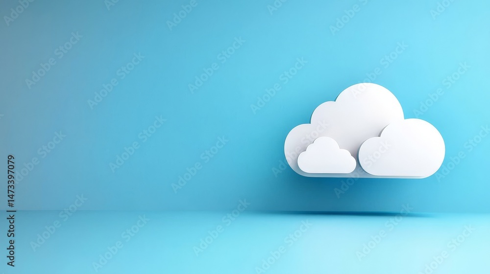 Real-Time Data Flow in the Digital Cloud Environment, Minimalistic cloud illustration against a blue background, conveying a serene atmosphere.