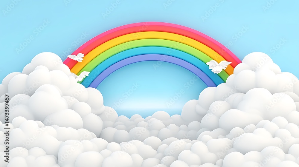 Colorful Rainbow Arch over Fluffy Cloudscape with Peaceful Doves a Dreamy Scene Colorful Rainbow Arch over Fluffy Cloudscape with Peaceful Doves a Dreamy Scene
