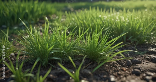 Close-up, newly sprouted grass, rich emerald hue ,  green,  meadow