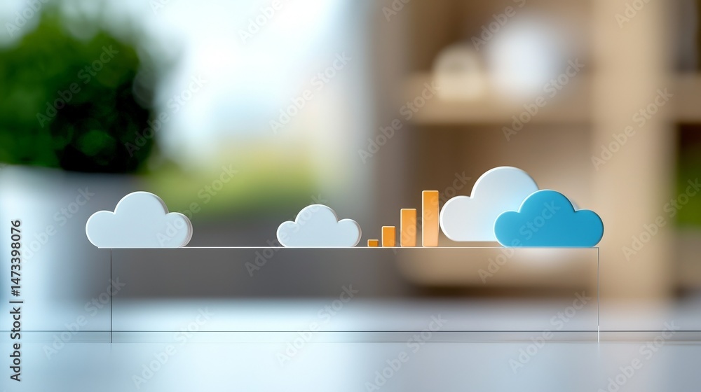 Real-Time Data Flow in the Digital Cloud Environment, Digital illustration of clouds and a growth chart, symbolizing data analysis and technology concepts.