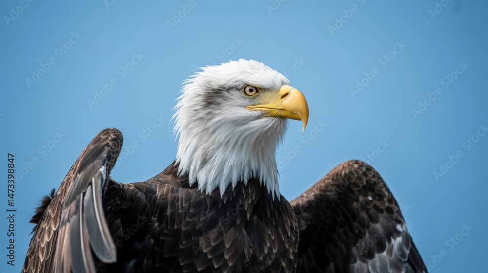 Obraz premium Majestic bald eagle with outstretched wings looks attentively against a clear blue sky backdrop