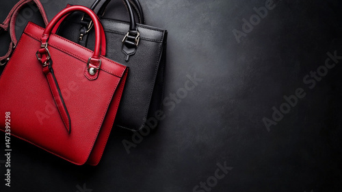 Stylish leather handbags are showcased against a dark luxury backdrop, highlighting high-end fashion and elegance through soft textures and premium design. AI generative
