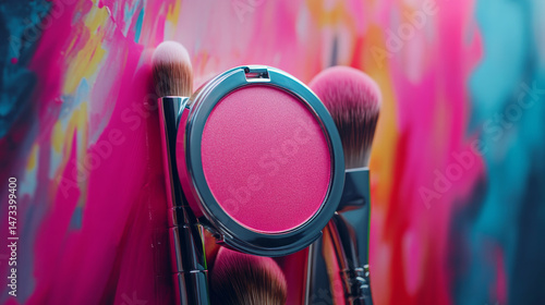 A pink blush makeup compact with soft brushes is arranged neatly in a clean flatlay showcasing beauty and elegance in a modern cosmetic design. AI generative