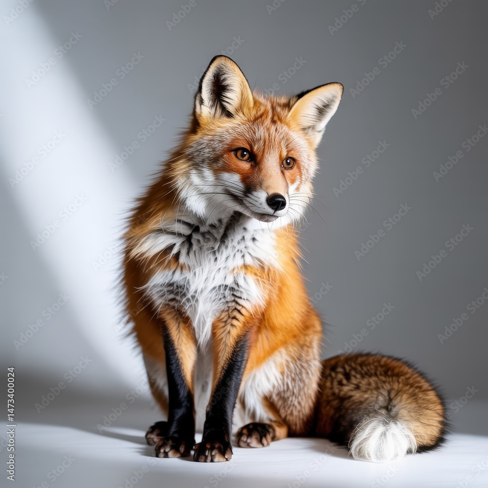 Fototapeta premium A majestic fox sits posed against a neutral backdrop, beautifully lit and full of character.