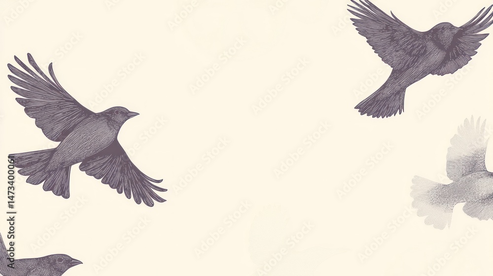 Fototapeta premium Feathered friends soaring through the air. A gentle, artistic depiction of birds in flight against a light background