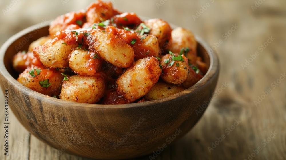 Fototapeta premium Roasted Potato Gnocchi in Wooden Bowl
