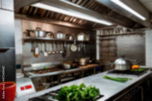 Interior of restaurant kitchen with professional utensils, out of focus, blurred