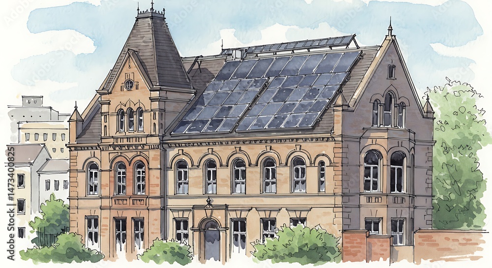 Fototapeta premium Solar Embrace: A Watercolor Study in Architectural Harmony