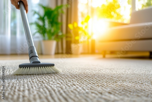 Wallpaper Mural Vacuum cleaner being used on a soft carpet in a bright living room, with sunlight streaming through large windows and indoor plants enhancing the cozy atmosphere Torontodigital.ca