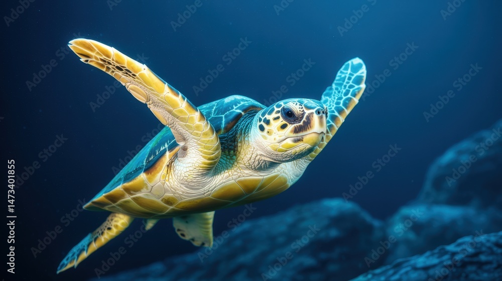 Obraz premium Majestic sea turtle gracefully swims in the deep blue ocean water with outstretched flippers.