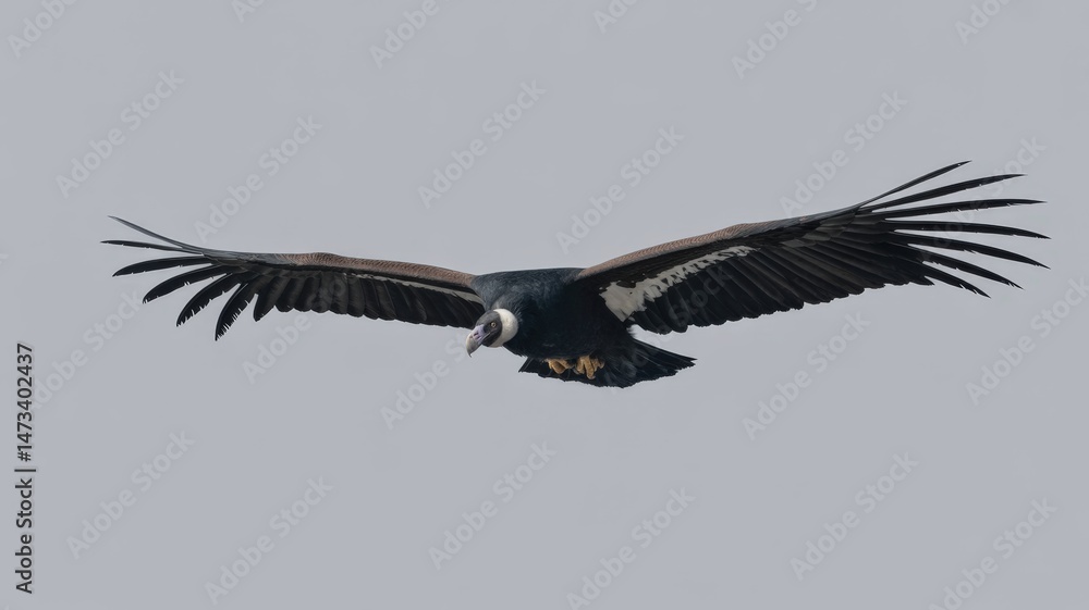 Obraz premium Majestic Andean condor soars with fully extended wings against a soft, overcast sky background.