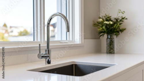 Modern kitchen sink and faucet detail shot.