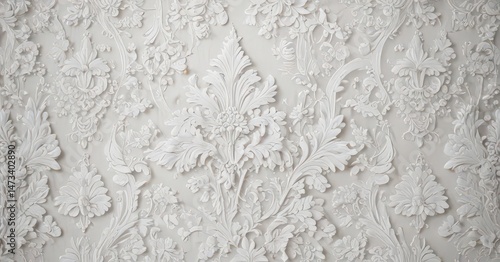Intricate white damask floral wallpaper, elegant design , aesthetic, leaves, repeat